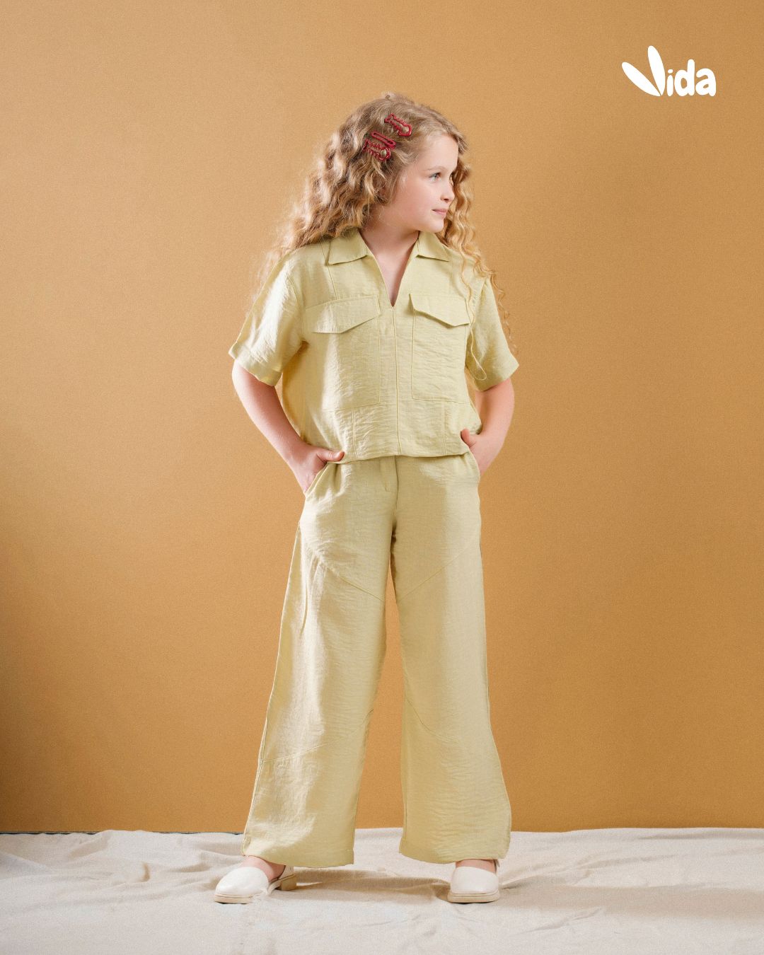 Girls’ Linen Two-Piece Set – Light Yellow