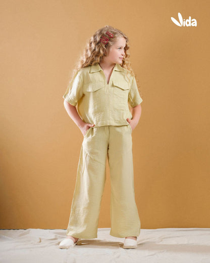 Girls’ Linen Two-Piece Set – Light Yellow