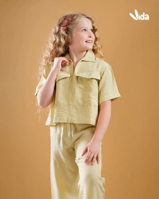 Girls’ Linen Two-Piece Set – Light Yellow
