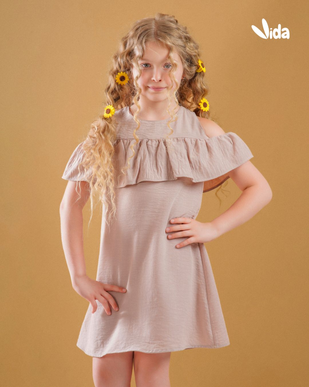 Girl's Ruffle Linen Dress - Beige