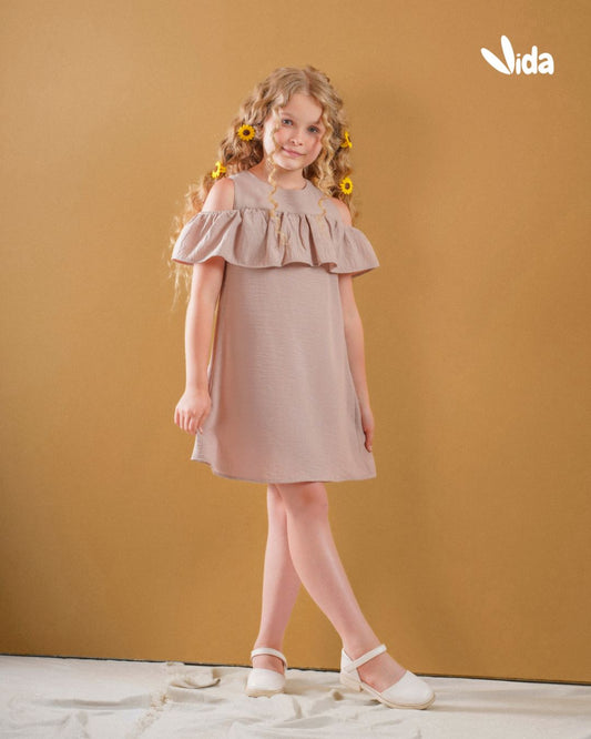 Girl's Ruffle Linen Dress - Beige